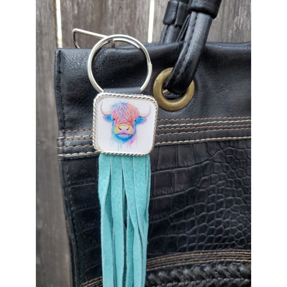 Handmade boho cow Leather Fringe Western bag charm, Long fringe keychain